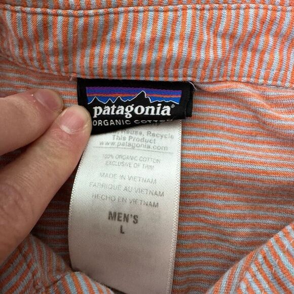 Patagonia Squeaky Clean Polo Shirt Striped Orange Men’s Size Large - Picture 7 of 7